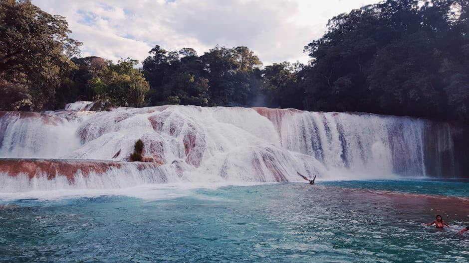 Discover the stunning Agua Azul waterfalls in Chiapas, Mexico, surrounded by lush jungle greenery.