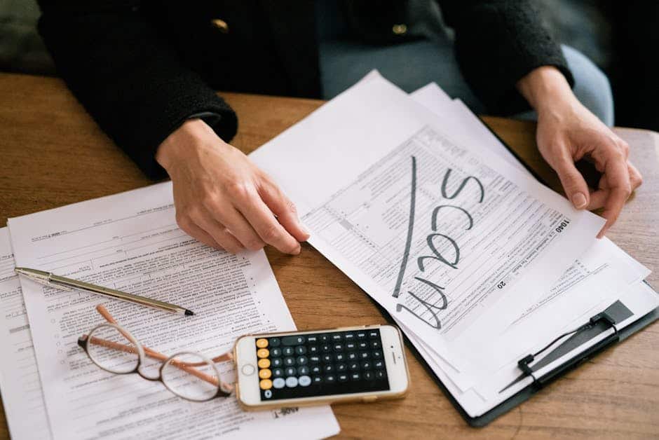 Hands of a person examining tax forms labeled as scam with calculator and papers.