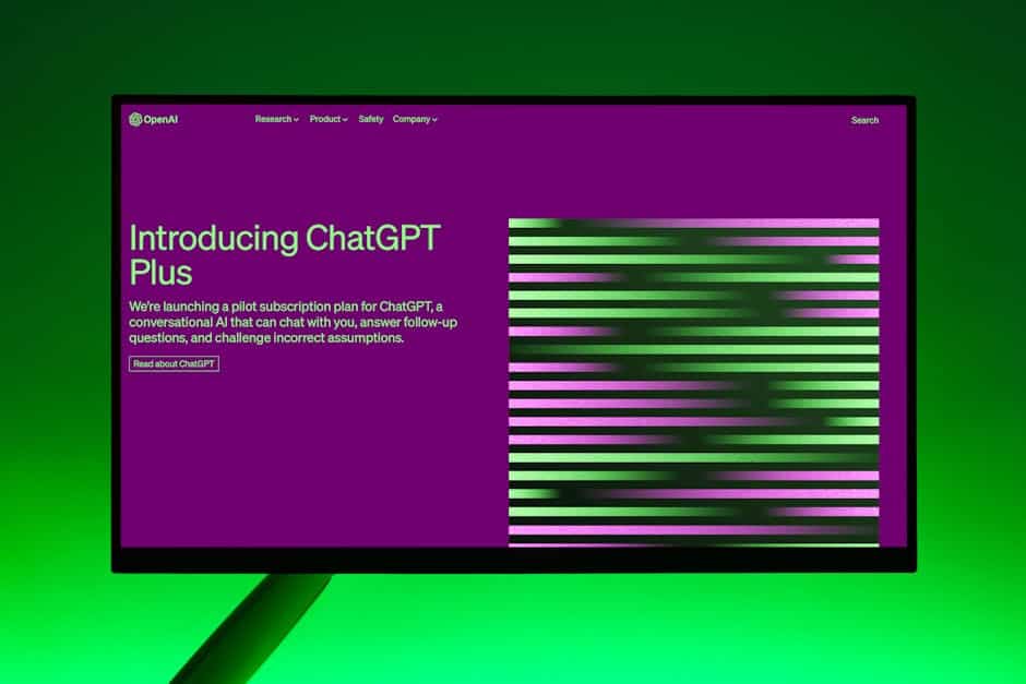 Close-up of a monitor displaying ChatGPT Plus introduction on a green background.